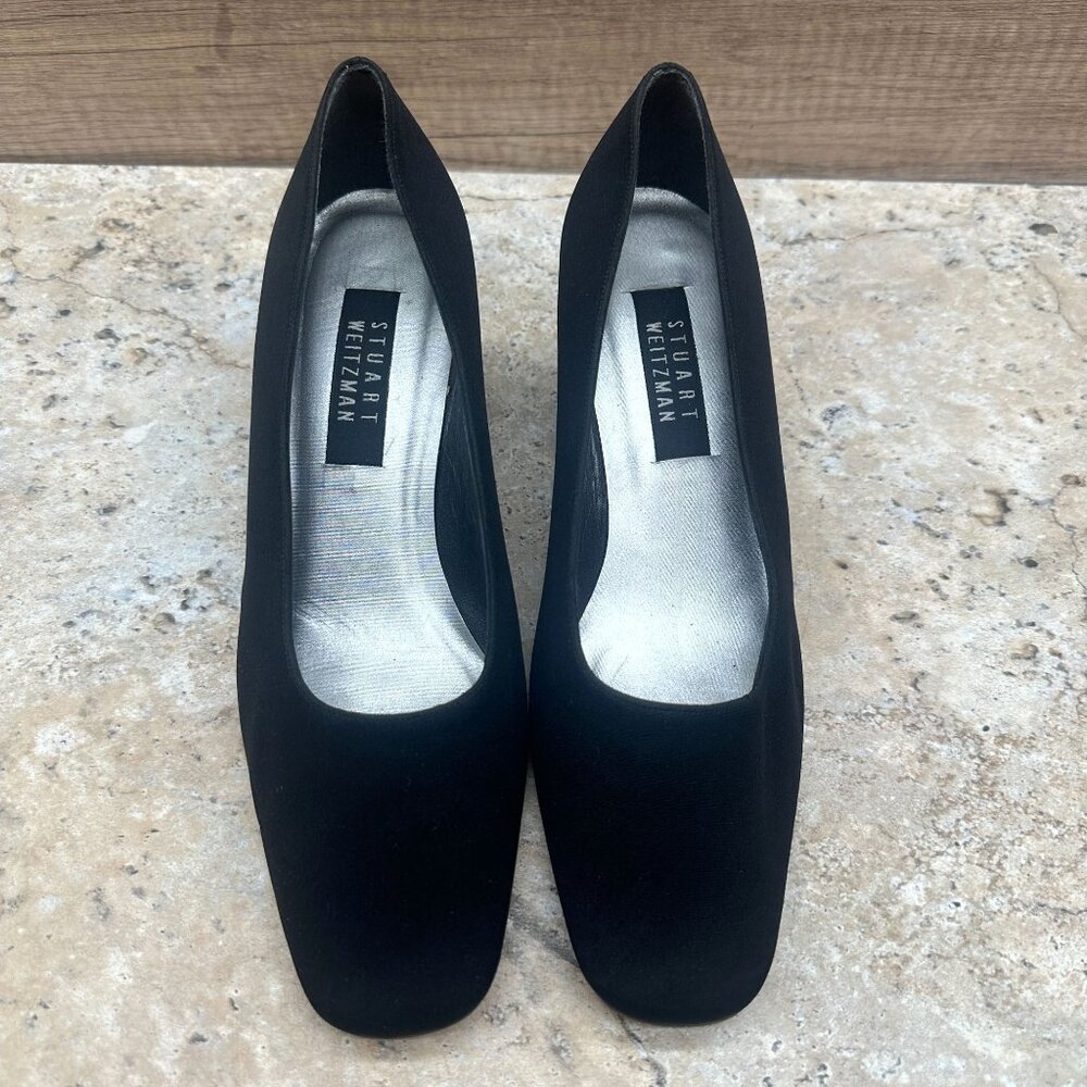 Stuart Weitzman Pumps Womens 9.5B Black Square Toe Heels Textile/Leather - Picture 2 of 10